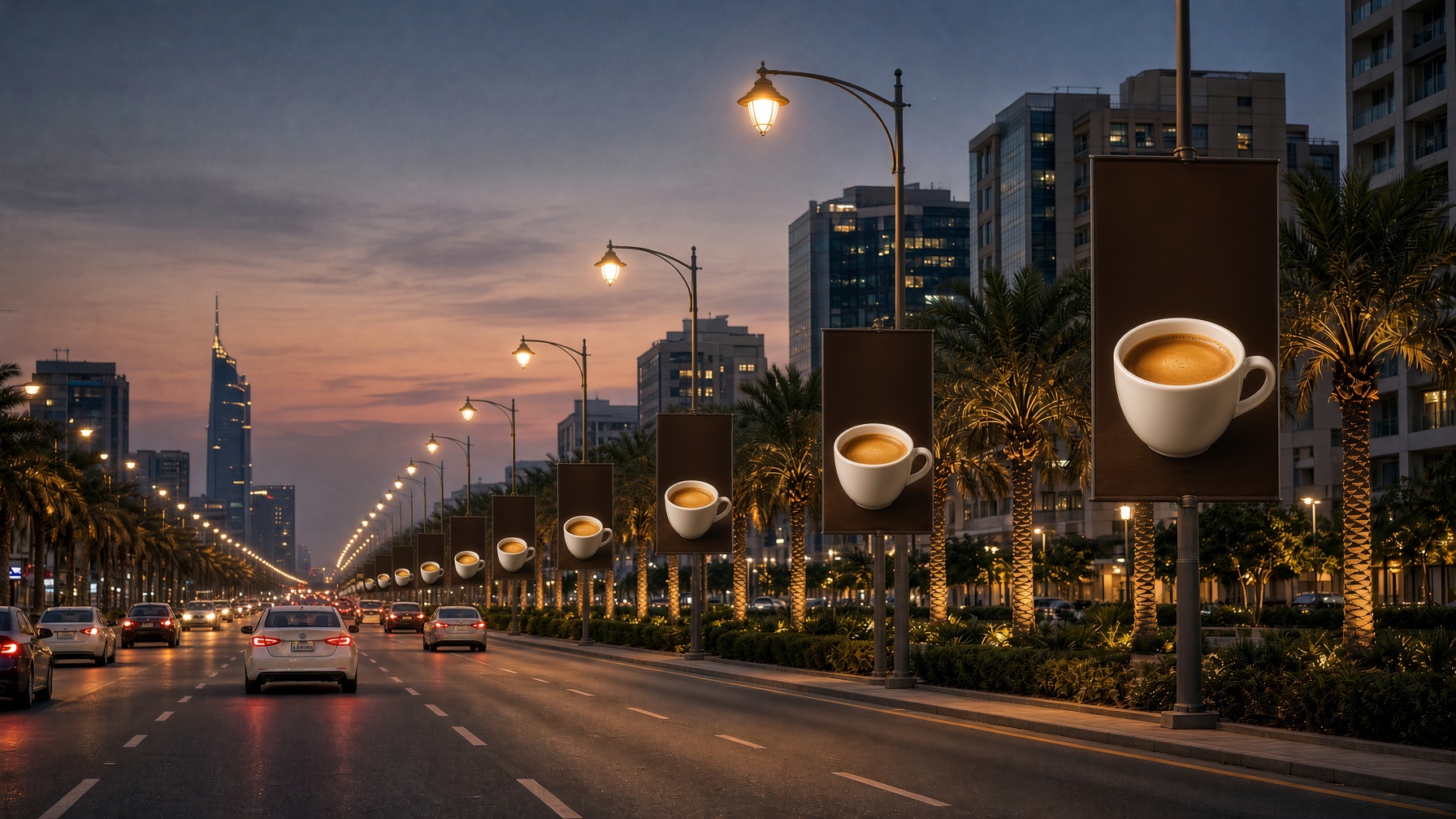 Lamppost advertising boards hanging on street lights